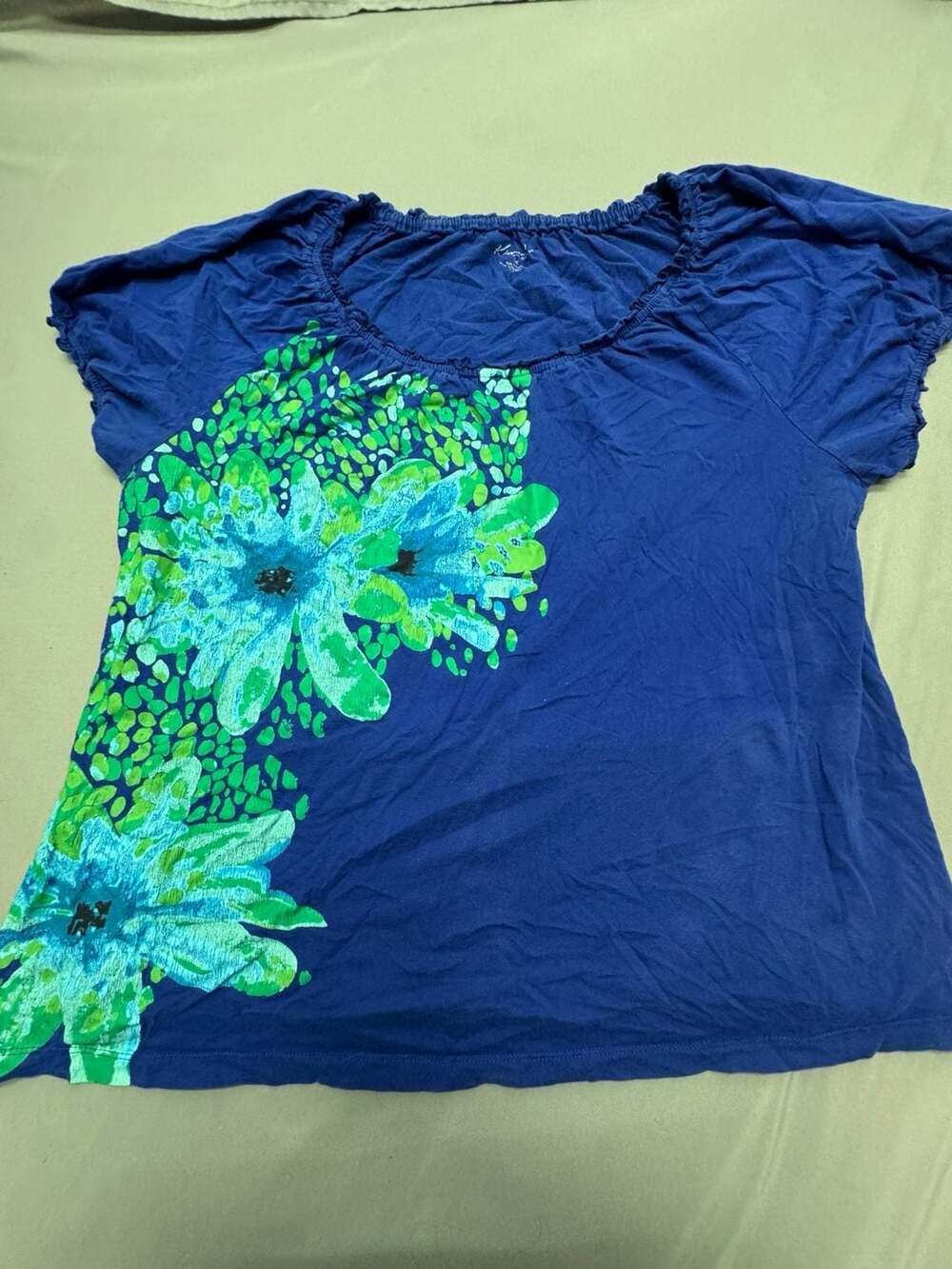 Kim Rogers Floral T-Shirt Size 1X Blue Green Short Sleeve Scoop Neck